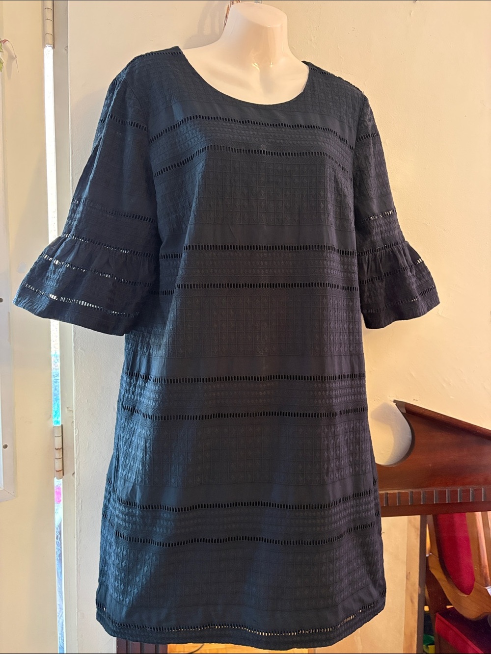 J. Crew Navy Eyelet Mini Dress with Ruffle Sleeves. 100. Cotton